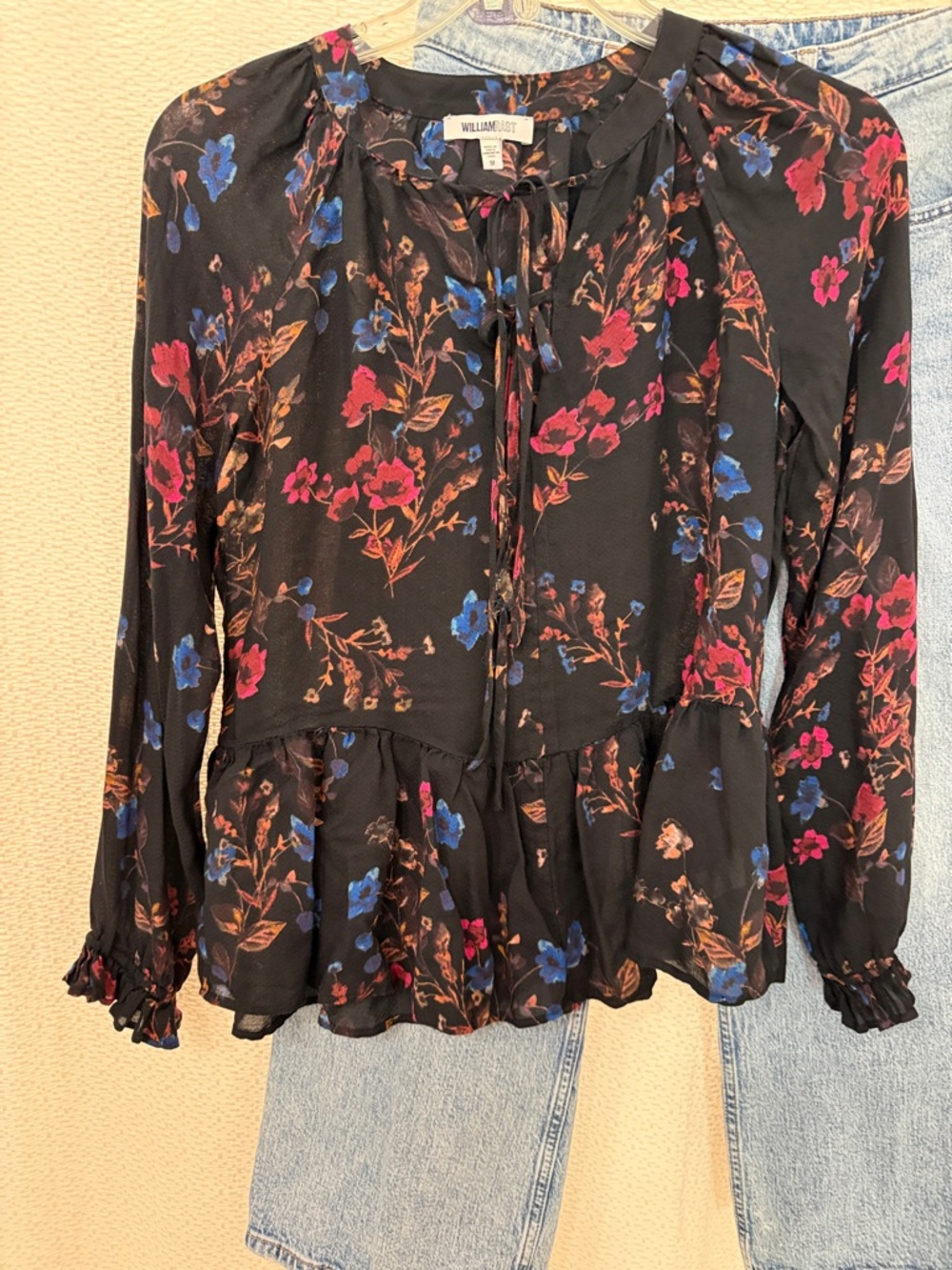 William Rast Black Floral Double Tie-Neck Peplum Top with Pink and Blue Accents